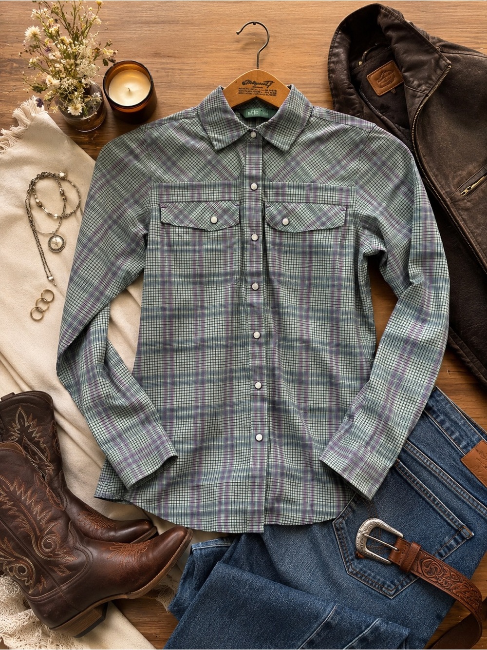 Stio Plaid Snap Button-Down Shirt in Light Green and Purple Women's XS - Picture 12 of 12